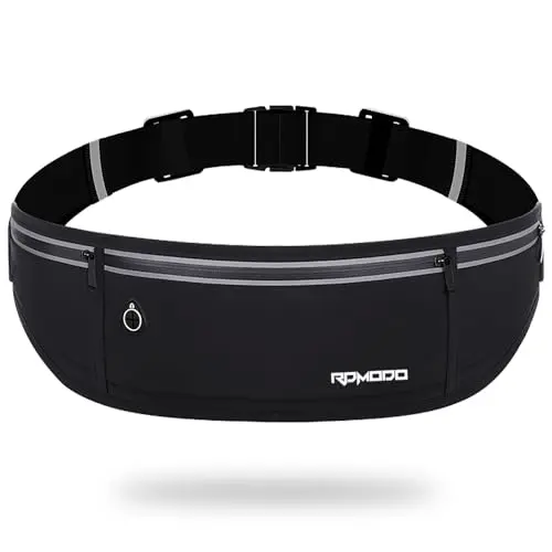 RDMODO slim running waist bag in black, showcasing its thin profile and reflective detailing.
