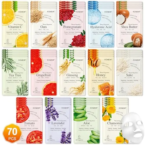 KONEUK 70 Pack Sheet Face Masks assorted colorful packaging