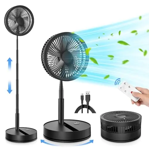 LIPETY 9-inch foldable oscillating fan standing at full height on a floor