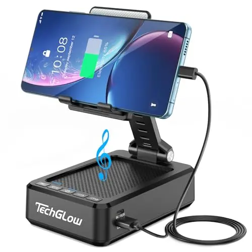 TechGlow black 3-in-1 stand with Bluetooth speaker and phone holder