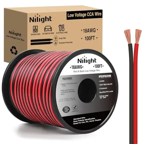 Nilight 100ft spool of red and black 18 gauge copper clad aluminum wire