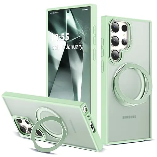 Zalinbo translucent mint green magnetic case for S23 Ultra with a rotating ring kickstand.