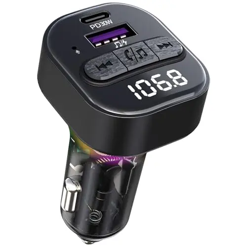 SYENGKKY budget Bluetooth FM transmitter with rainbow LED lighting, showing PD and USB ports.