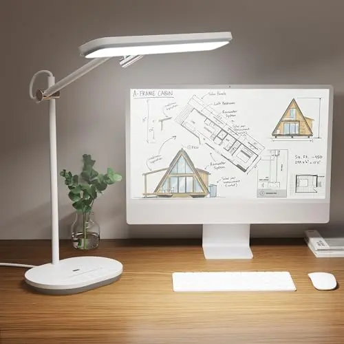 Newkana modern white desk lamp with a wide light bar on an adjustable arm, shown illuminating a desk with art supplies.