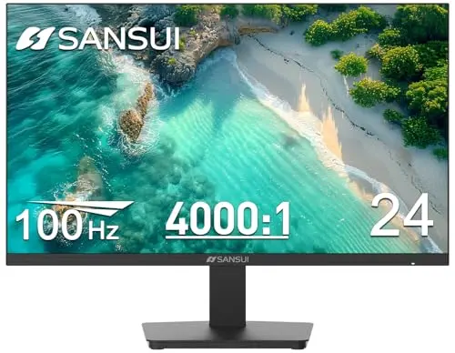 SANSUI 24-inch FHD monitor on a desk with a Mac mini