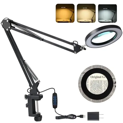 Dylviw black magnifying desk lamp with weighted base and 5X glass lens