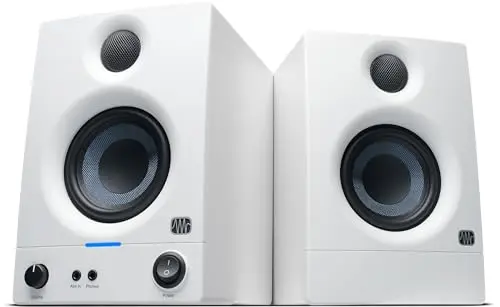 PreSonus Eris 3.5 white studio monitor speaker pair on a desk
