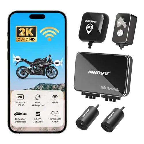 INNOVV K7 Motorcycle Dash Cam with front and rear cameras mounted on a motorcycle