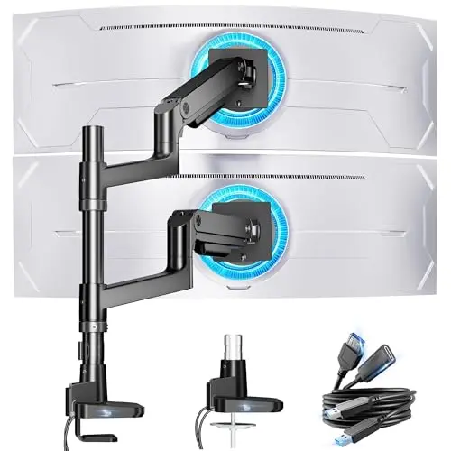 ARES WING dual monitor arm supporting a large curved ultrawide monitor.