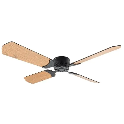 RecPro 42-inch matte black ceiling fan with oak blades installed in an RV.