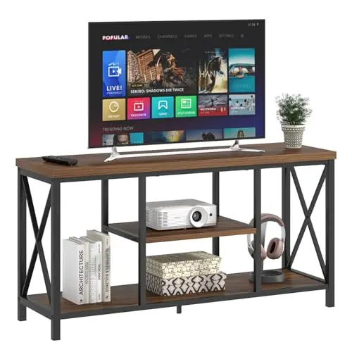 FOLUBAN rustic walnut TV console with X-shaped metal frame