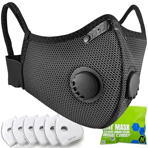 Silver and black reusable respirator mask with valves