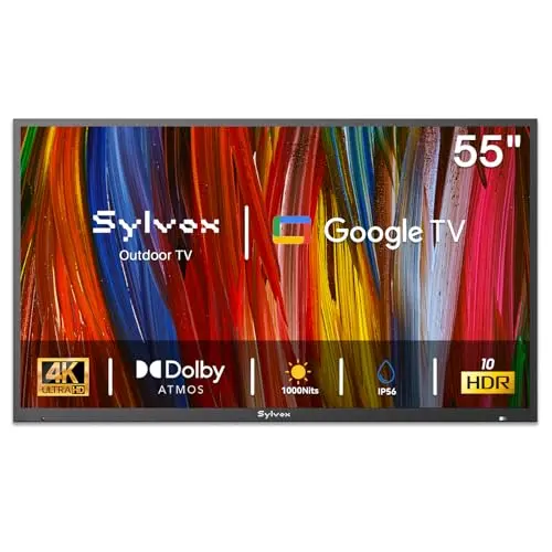 SYLVOX Deck Pro 2.0 55-inch waterproof smart TV installed on a covered deck or patio