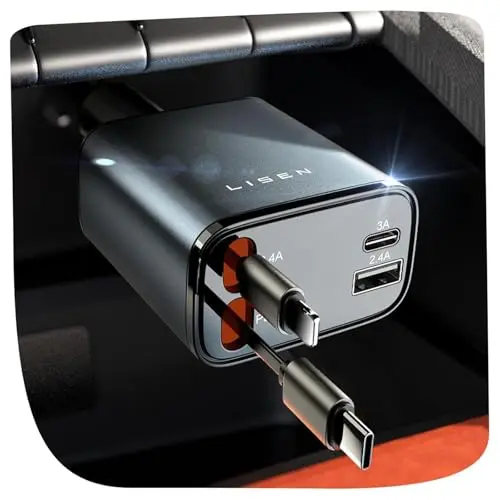 LISEN 4-in-1 retractable car charger with dual retractable cables