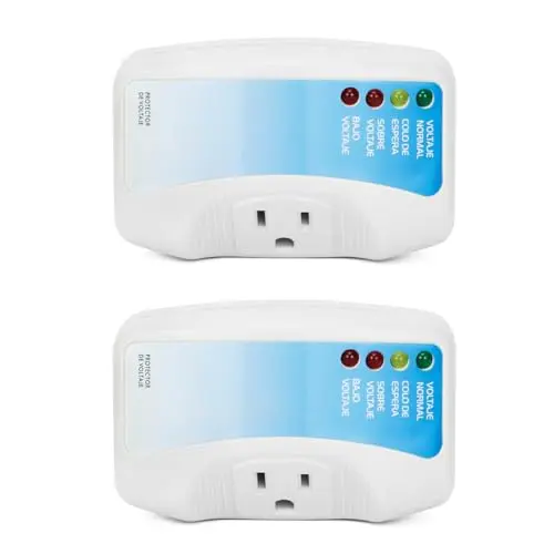 Two compact white QWORK plug-in voltage protectors with LED indicators.