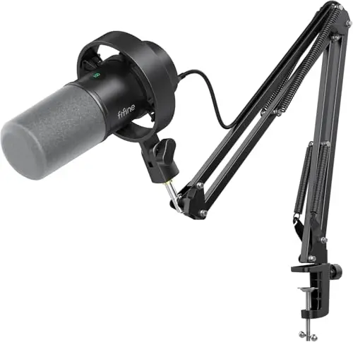 FIFINE K688CT dynamic XLR/USB microphone with shock mount on a heavy-duty boom arm