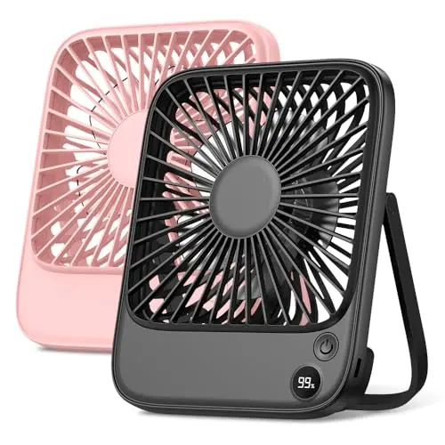 Two TOPK ultra-thin black and pink portable desk fans sitting on a wooden desk