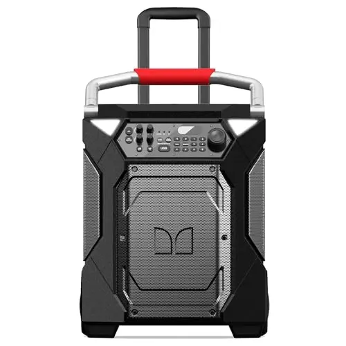 Monster Rockin Roller 360 portable Bluetooth speaker on its wheels with handle extended.