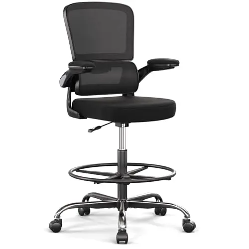 Alolo ergonomic drafting chair with a wide curved lumbar support and an adjustable foot ring