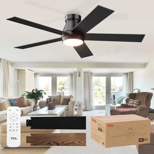 TCL 52 inch black flush mount modern ceiling fan with light and remote