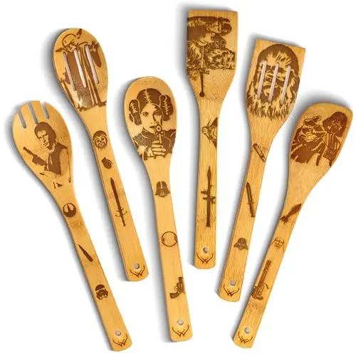 Set of six bamboo cooking spoons and spatulas with Star Wars branding