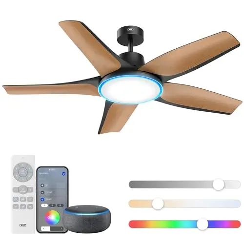 Dreo black smart ceiling fan with RGB lights and modern curved blades