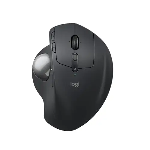 Logitech MX Ergo S Advanced wireless trackball mouse in graphite, shown at a tilted angle.