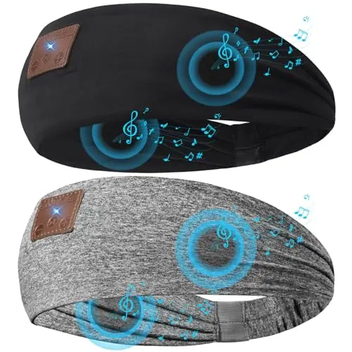 Two ASIILOVI Bluetooth sleep headbands, one black and one grey, laid flat showing the thin speaker pouches.