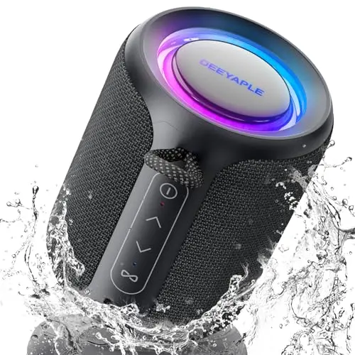 Deeyaple black portable Bluetooth speaker with colorful LED lights, showing its compact cylindrical shape and included lanyard.