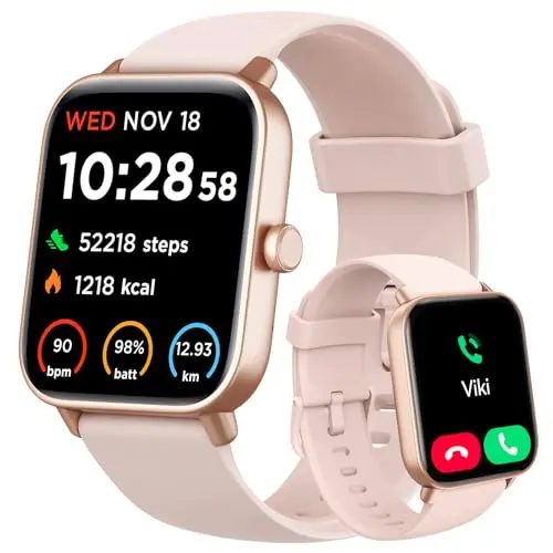 Generic smartwatch for women with a rectangular screen and pink silicone strap.