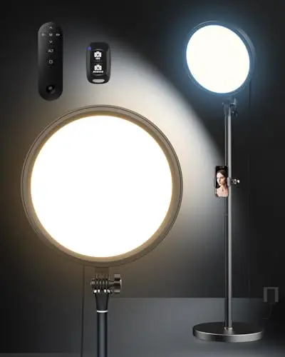 Aureday tall ring light floor lamp with a weighted circular base and a phone holder attached