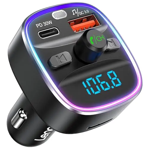 LENCENT Bluetooth 5.4 FM transmitter with multi-color LED light ring, plugged into a car cigarette lighter.