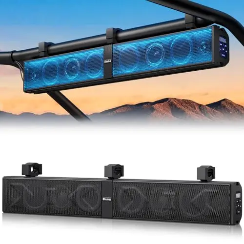 Ehaho 34-inch long black soundbar with RGB lights mounted on a large UTV roll cage