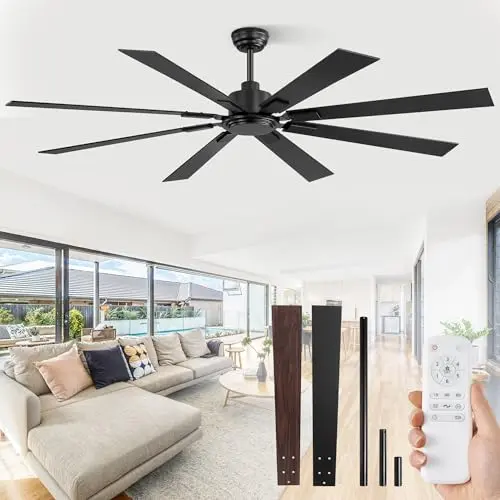 ZMISHIBO 72-inch black ceiling fan without light, 8 blades, with remote control
