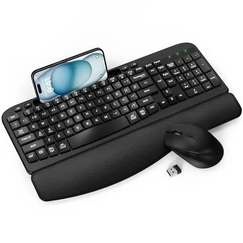 EAYBLLY black wireless wave keys ergonomic keyboard and mouse combo with phone holder slot