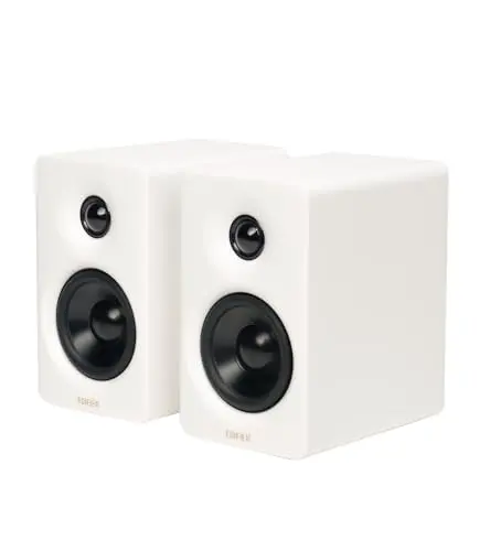 White Edifier M60 compact desktop speakers on angled aluminum stands