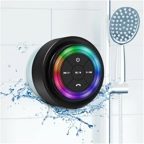 XLEADER SoundAngel Mate shower speaker with dot lights, attached to a bathroom mirror.