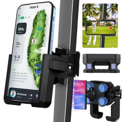 LEAPGOMAX black magnetic phone caddy with strap and dampener on golf cart