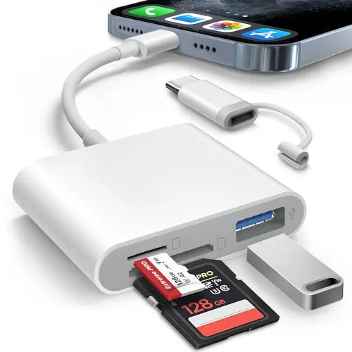 AkHolz white memory card reader with built-in Lightning and USB-C connectors