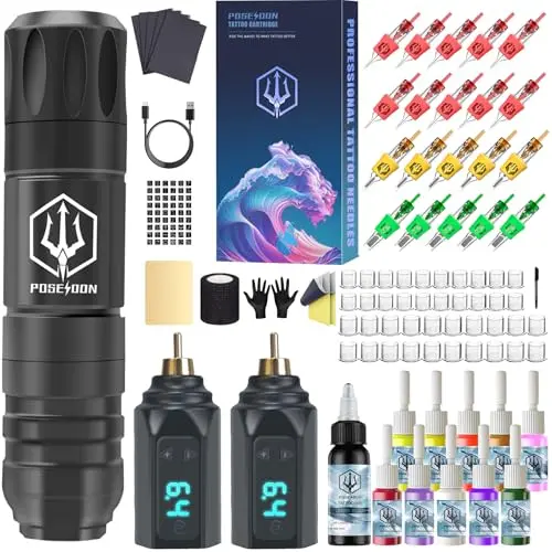 POSEIDON tattoo pen kit with two batteries and a full array of inks and supplies