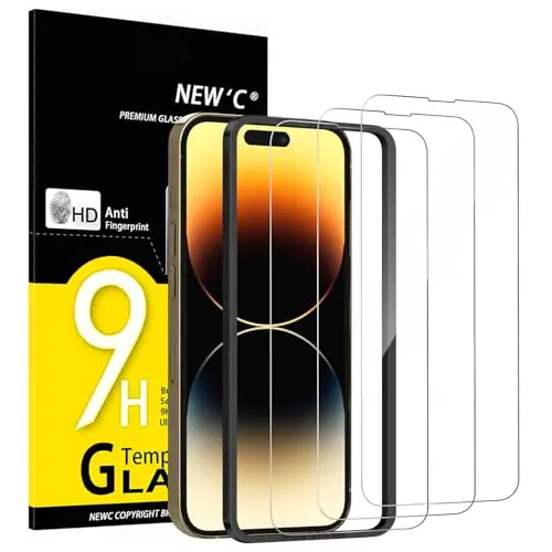 NEW'C 3-pack tempered glass screen protectors for iPhone 14 Pro Max with installation tool
