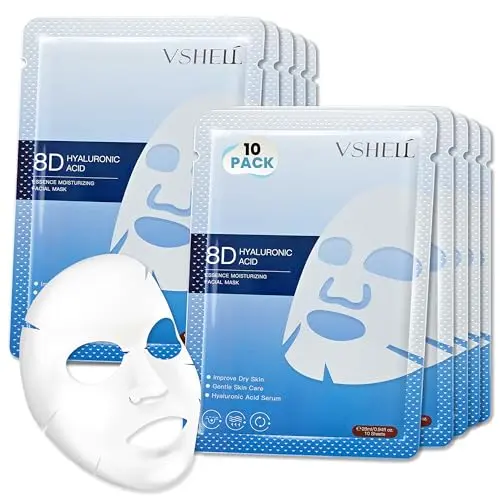 VSHELL Hyaluronic Acid sheet mask, set of 10 with aloe vera and squalane for dry skin