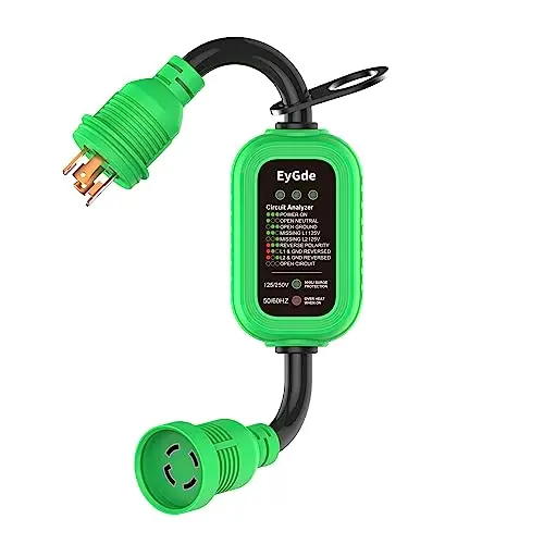 Bright green EyGde 30-amp twist lock adapter with integrated surge protector and LED indicator lights.