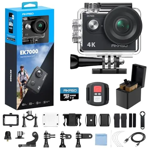 AKASO EK7000 action camera with remote and accessory kit on a ski glove