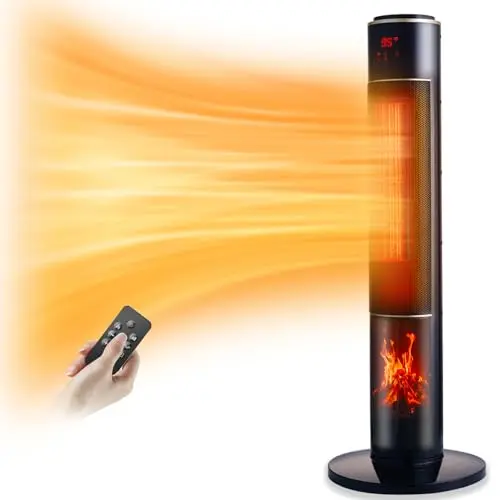 ETTFGUH black 37-inch tall oscillating ceramic tower heater with flame effect