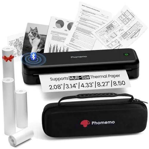 Phomemo M834 portable thermal printer with carry case on a desk