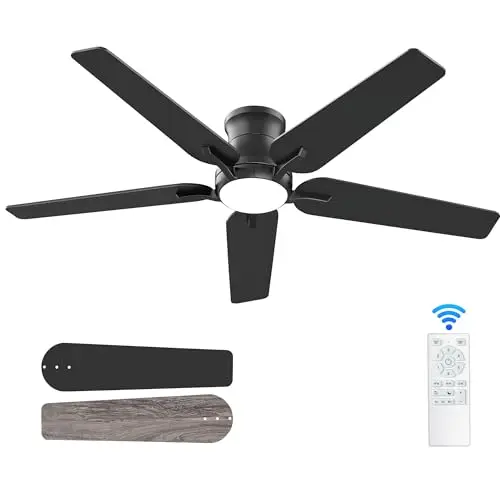 POCHFAN 52 inch modern black flush mount ceiling fan with light