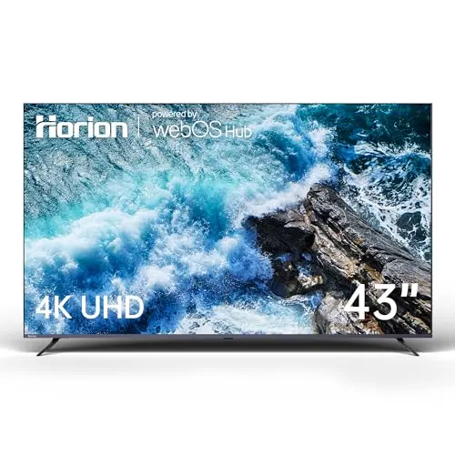 HORION 43-inch 4K UHD Smart TV with WebOS on an entertainment center