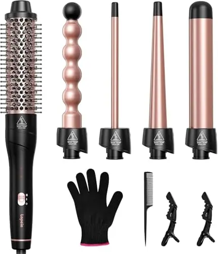 Lopeie rose gold 5-in-1 curling wand set with thermal brush and interchangeable barrels