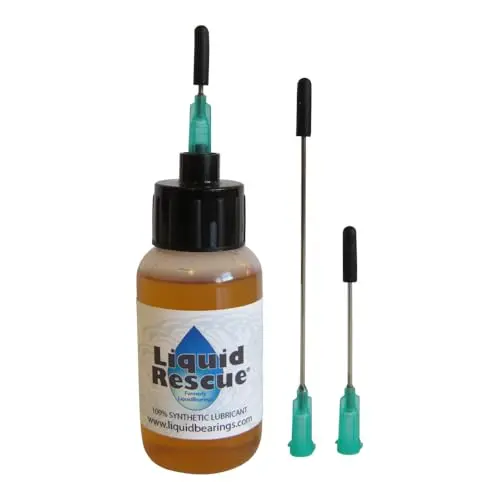 Liquid Rescue 1-ounce synthetic fan oil bottle with three stainless steel application needles